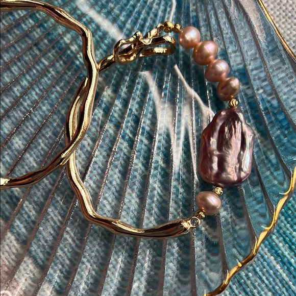 M210 Freshwater Baroque Square Purple Pearl Gold Melt and Pink Pearl Bracelet - Picture 3 of 3